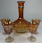 Diamond and Sunburst Marigold Carnival Glass Decanter and 4 Glasses  Set Bubbles