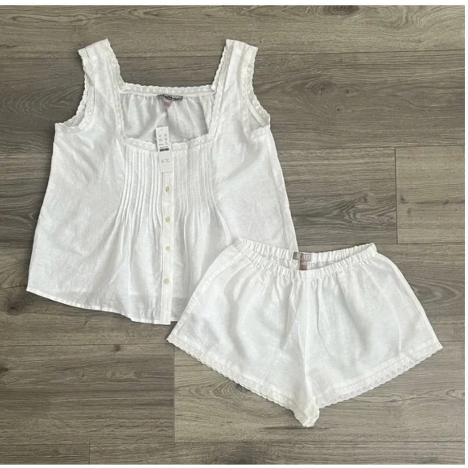 NUEVO CON ETIQUETAS J. Conjunto de pijama sin mangas Crew para dormir corto XL con ribete de encaje blanco CK350 J.Crew Foto 2 de 4