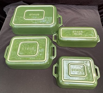 4 Williams Sonoma STAUB Rectangular Green Baking Dish Set Ceramic BRAND NEW!