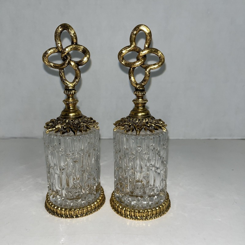 VTG Pair Of Gold Ormolu Perfume Bottles~Textured Cut Glass~Celtic Knot Daubers