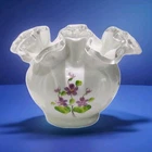 Fenton Silver Crest Violets in Snow Rose Bowl Hand Painted By Debbie Owens