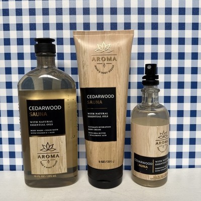 3X ~ Bath & Body Works ~ CEDARWOOD SAUNA ~ Body Wash, Cream & Essential Oil Mist