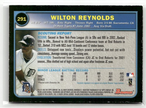 2003 BOWMAN #291 WILTON REYNOLDS GOLD DETROIT TIGERS - Picture 2 of 2