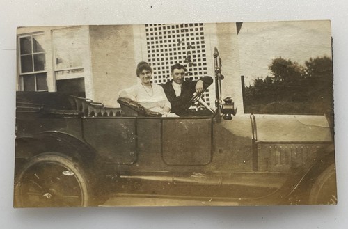 Vintage 1910s Brass Era Automobile Photo Couple Sitting in Touring Car