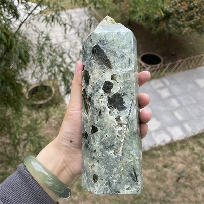 3.5LB 8.2'' Natural Green Prehnite Geode Obelisk Quartz Crystal Tower Point Decor