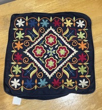 Pottery Barn Romanian Heavily Embroidered Pillow Cover 17x17” Floral Navy Blue