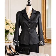 Kay Unger New York Black Satin Blazer Size 4 NWT Embroidered Cuff Evening Jacket