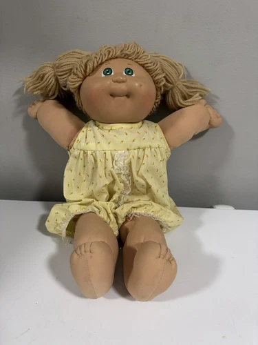 Vintage Cabbage Patch Doll; Yellow Outfit, Dirty Blonde Pigtails, Green Eyes