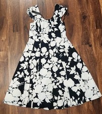 Women's Talbots Dress Size 14 Fit Flare Midi Black White Floral Liner NWT...