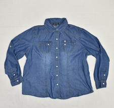 New Look Women Blouse Cotton Blue Plus Size 1X Pearl Snap Top Long Sleeve