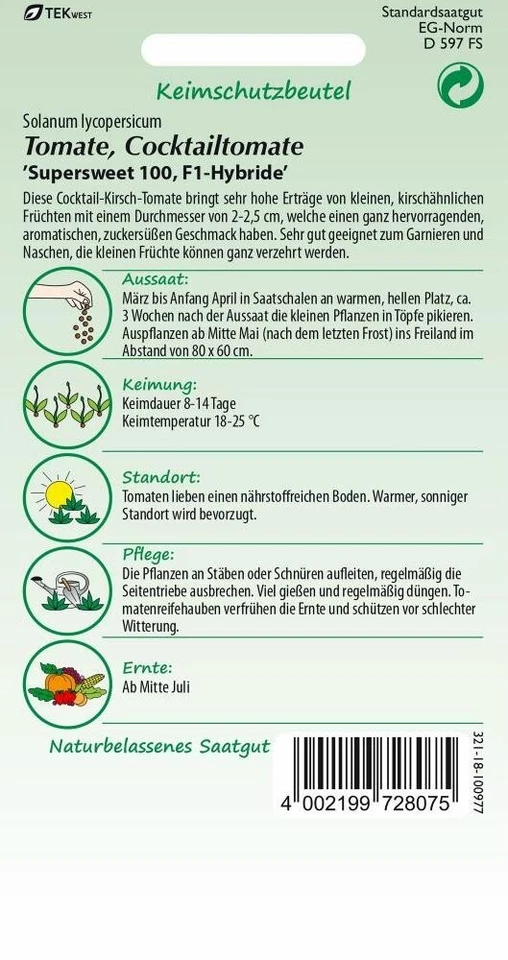 Tomate - Supersweet 100, F1-Hybride - zuckersüße Cocktail-Tomaten - Samen - Bild 2 von 2