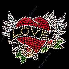 Rhinestone Heat Transfer " Multi Color Heart with Wings " Hotfix, Iron On SM
