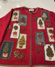 Vintage Heirloom Collectible Sweater Women Medium Christmas Cardigan Trees Zip