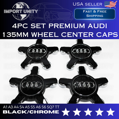 AUDI BLACK & CHROME 135MM SPYDER WHEEL CENTER CAPS PREMIUM 4PC SET 4F0601165N OE