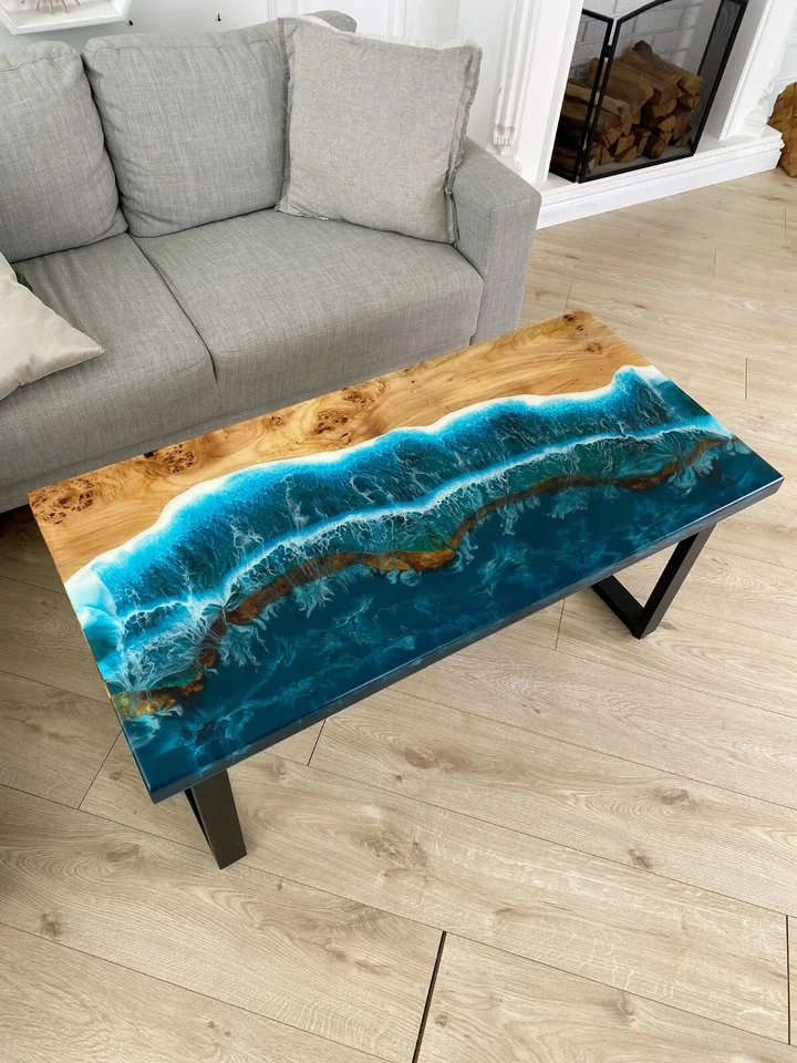 Ocean Epoxy Resin Table – Live Edge Coffee & Dining Table 48" x 24"  Luxury Top - Image 4 of 4
