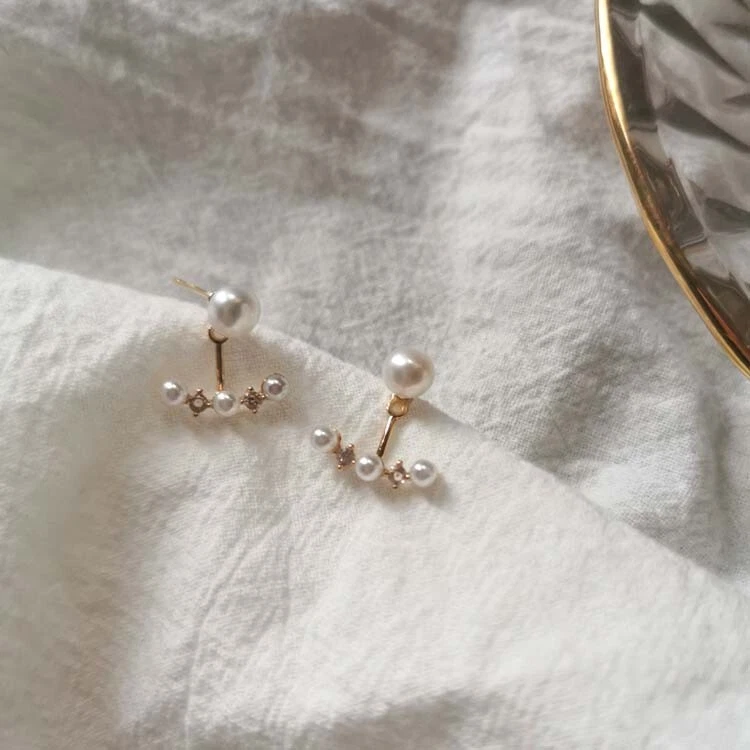 Orecchini da donna argento sterling 925 oro 14K perle zirconi pendenti 2 pezzi - Immagine 4 di 4