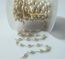 Fresh Water Pearl Barrel 4x6mm Beads Rosary Beaded Chain Silver Plated 5 Feet