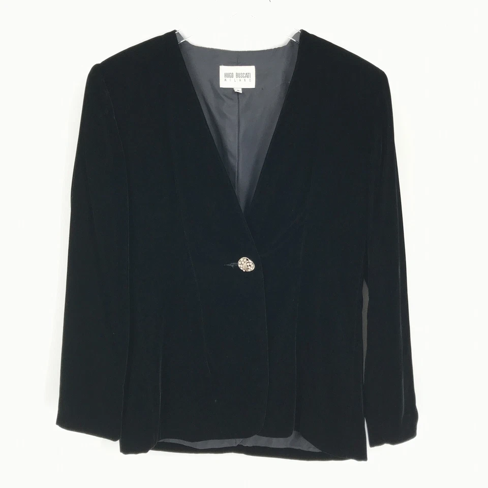 Chaqueta Blazer VINTAGE Hugo Buscati Mujer 2 Negra Un Botón Forrada Milano EE. UU. Foto 2 de 4
