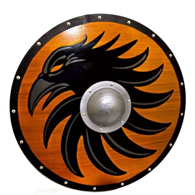  Solid Oak Viking Raven Shield - Forged Iron Boss