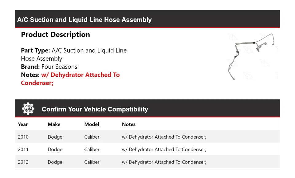 Conjunto de manguera de línea líquida y succión aire acondicionado Dodge Caliber 2010-2012 4 estaciones Foto 2 de 4