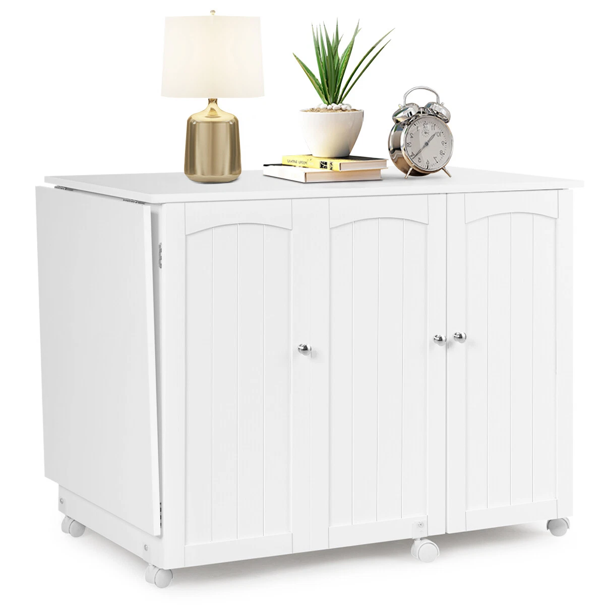 Utility Sewing Table Foldable Craft Cart Shelves Storage Cabinet W/Wheels  White