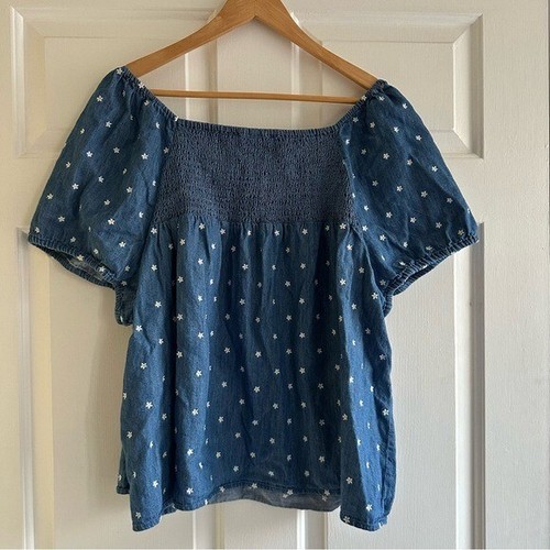 Top Chambray Old Navy donna XXL smocked giogo ricamato floreale denim boho - Foto 7 di 8