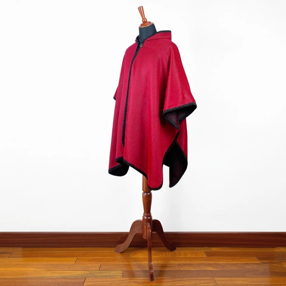 LIGHTWEIGHT BABY ALPACA WOOL HOODED OPEN PONCHO CAPE WRAP UNISEX HANDMADE RED - Image 4 of 4
