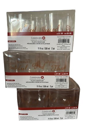 Grateful Thankful Blessed Stemless Wine Glass 11oz Xmas Kids Table Set Of 6 NIB