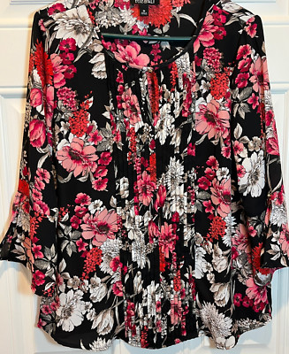Roz & Ali Women's Floral Bell Sleeve Top Pintuck Bodice Size M