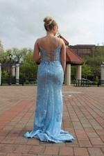 Blue Lace Lace Up Mermaid Maxi Dress with Straps, Sequins, Sweetheart Neckline