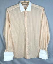 Brioni Orange White Striped French Cuff Cotton Shirt Size L 17.5 Made in Italy