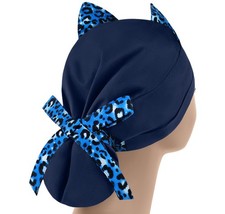 Cat Ears Srcub Hats, Surgical Caps Women, Ponytail Nurse Hat, Blue Leopard Hat
