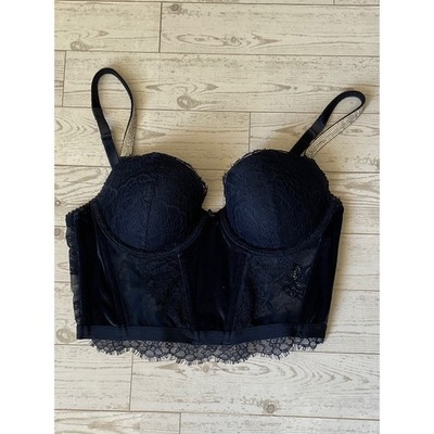 Victoria's Secret Black Lace Longline Bustier Bra with Rhinestone Straps
