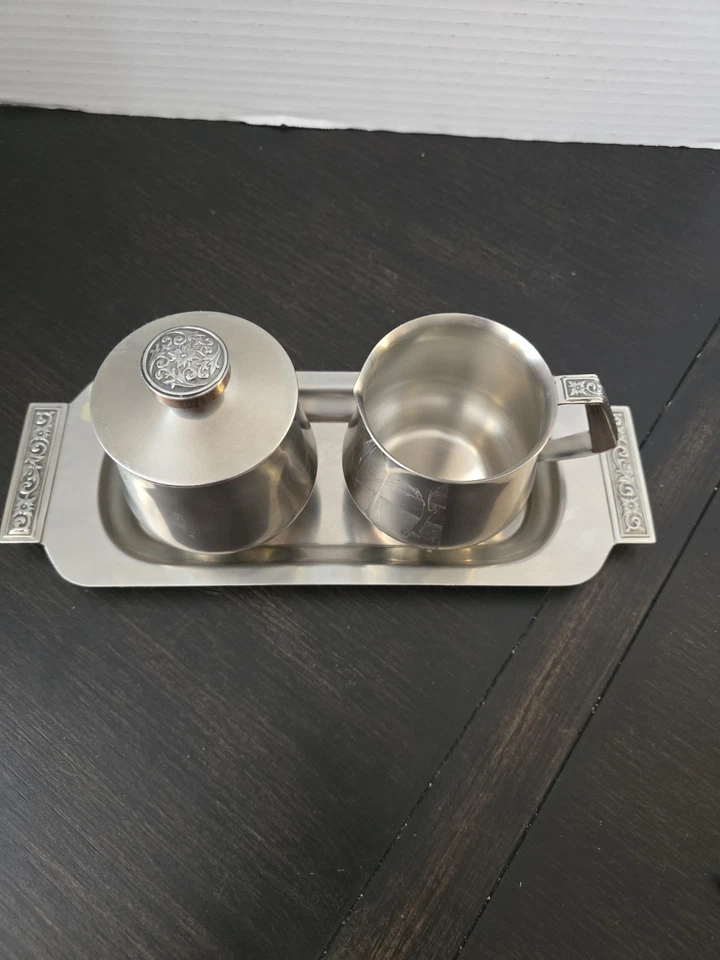 Azucarero, crema y bandeja vintage International Decantor de acero inoxidable 18-8 Foto 2 de 4