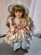 Porcelain Doll In Vintage Style Dress, With Stand
