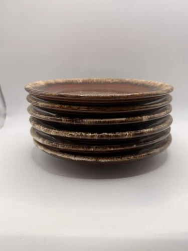 Hull Oven Proof USA Brown Drip Glaze Salad Plates Set of 6 Vintage Mid Century