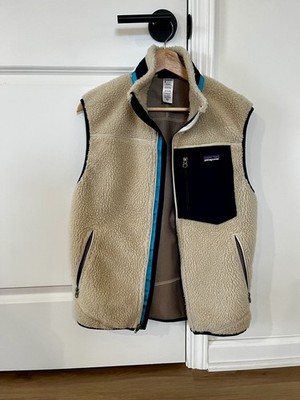 Vtg 2000 Patagonia Retro-X Deep Pile Fleece Vest Men Small Oatmeal Blue USA Made