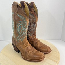 NOCONA COWOY BOOTS Men's Leather Teal/White Embroidery Pull-On Shoes Size 6B