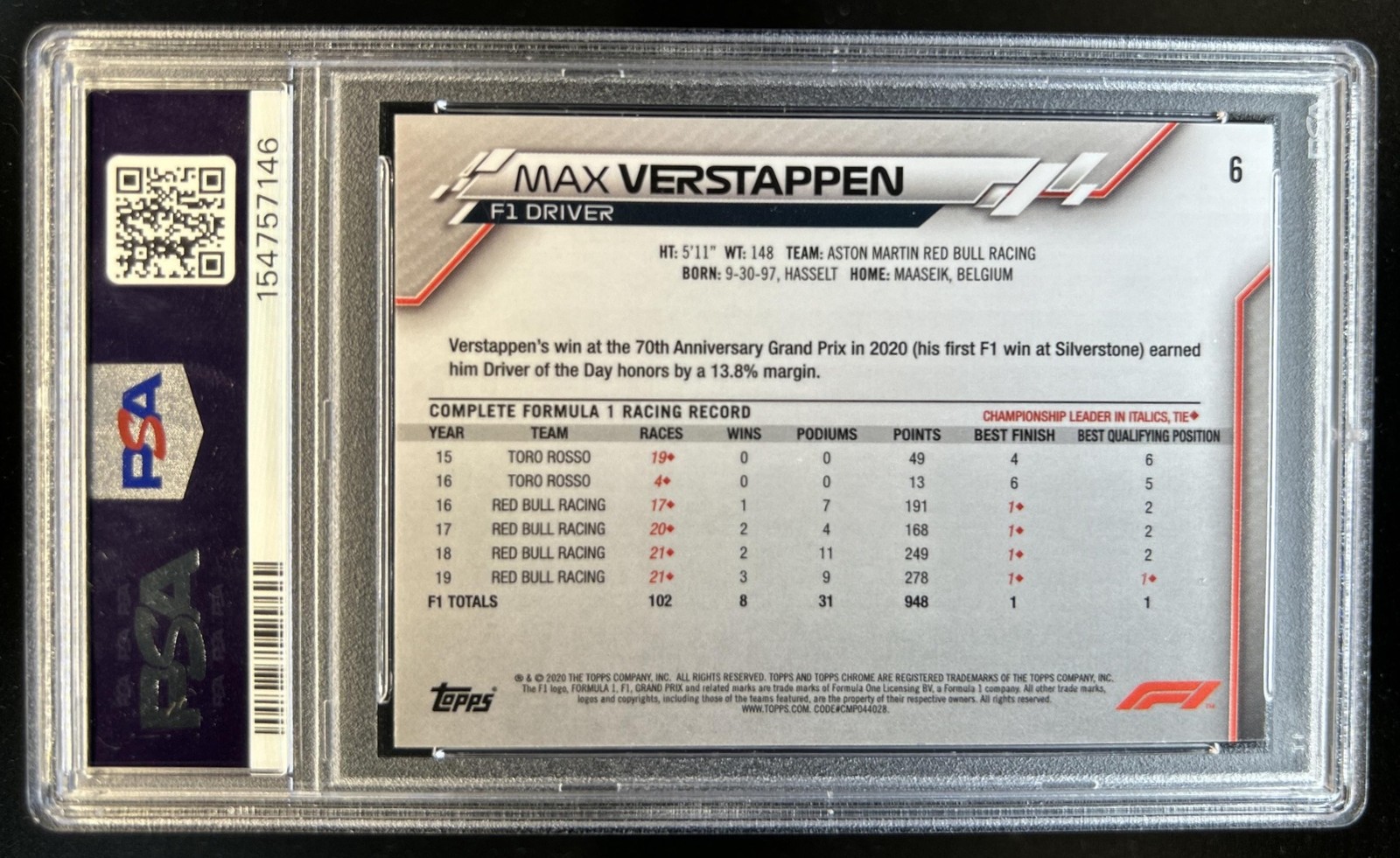 2020 Topps Chrome F1 Max Verstappen Rookie Portrait RC #6 PSA 10 GEM MINT view 2