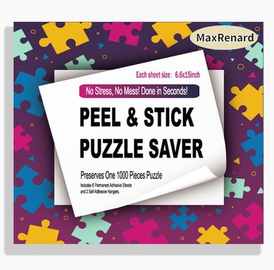 Puzzle Saver Adhesive Sheets, Peel & Stick, 6 Sheets + 2 Free Hooks, 1000 Pieces