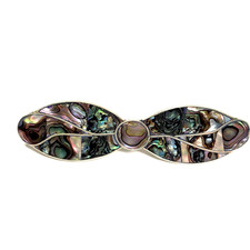 Vintage Bow Alpaca Silver Abalone Inlay Enamel Hair Clip Barrette 1 x 3 5/8
