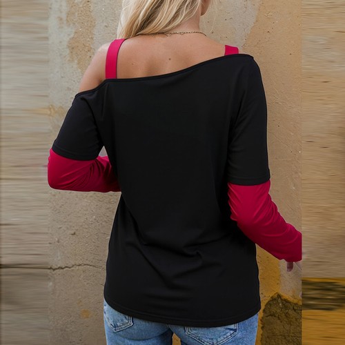 Damen Halloween Farbblock Tops Langarm T-Shirt mit Schulterfrei & Cut-Out Design - Bild 6 von 7