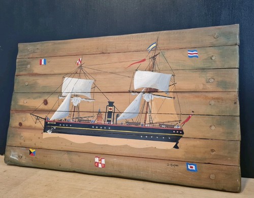 VINTAGE PAINTING SHIP ON SLATTED BOARD D. HUGHES 22" - Picture 6 of 17