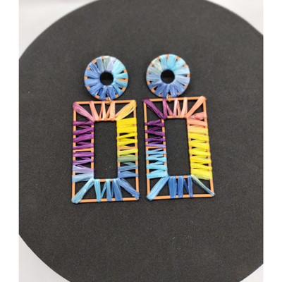 Multicolor Geometric Earrings - Rectangle - Circle - Ribbon Wrapped - Fun Studs