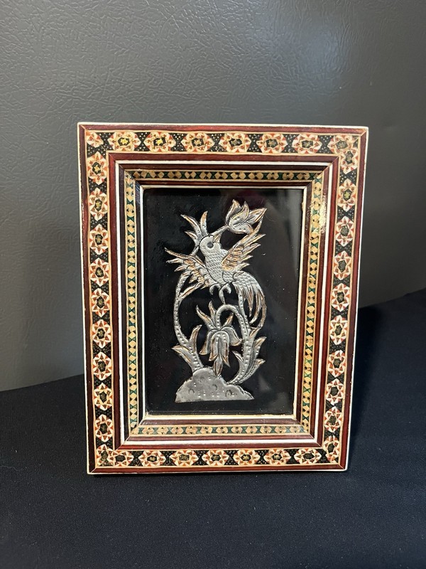 Vintage Persian Handmade Copper Metalwork Bird Art Khatam Inlaid Frame 