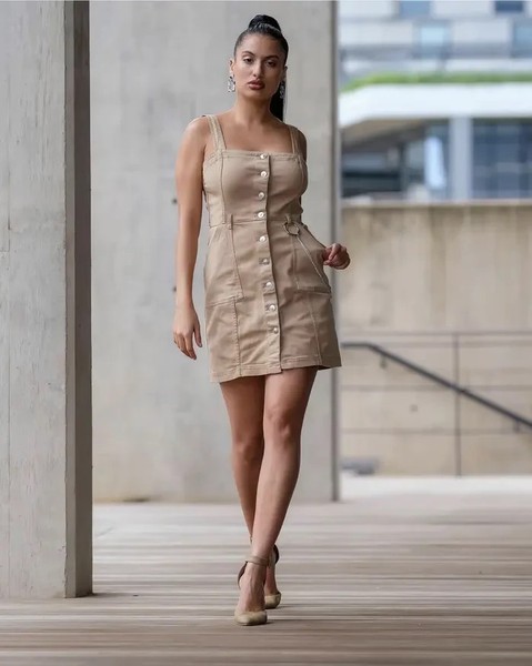 H&M DIVIDED Beige Light Tan Chain Belt Dungaree Button Up Denim Mini Dress Small