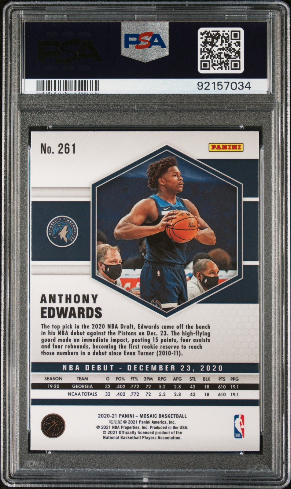 Anthony Edwards PSA 10 Rookje 2020-21 Panini Mosaic - NBA Debut #261 (RC) view 2