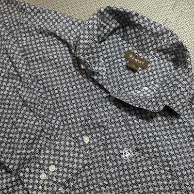 Ariat Mens Large Long Sleeve Button Down Shirt Blue Geometric Print Fitted
