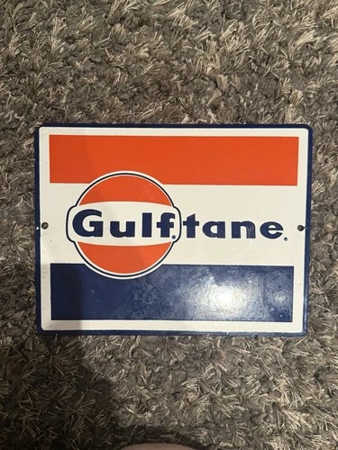 Gulf Gulftane porcelain sign advertising pump plate gas oil gasoline Vintage