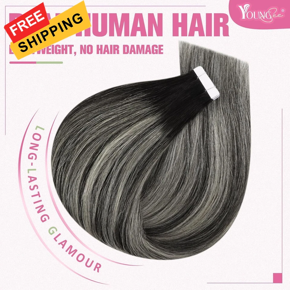 YoungSee Invisible Tape in Hair Extensions Ombre Black #Tape-B-#1B/Silver/1B  Foto 2 de 4